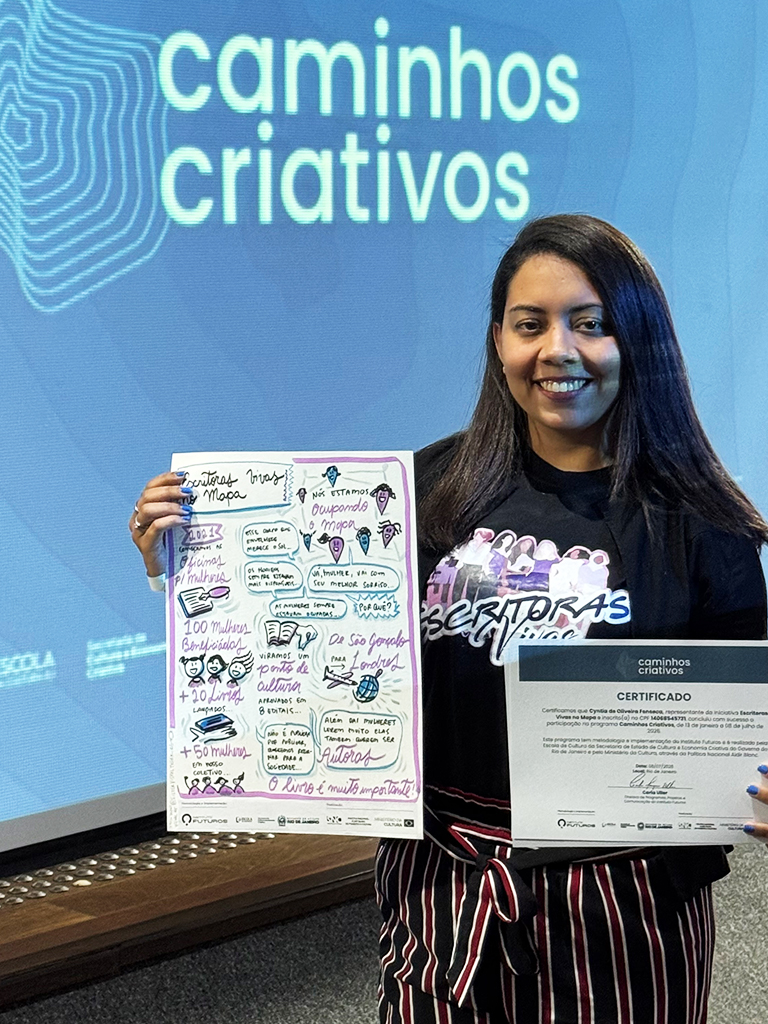 Empreendedora Cyntia da Oliveira Fonseca segurando o certificado do programa Caminhos Criativos e o painel de facilitação gráfica da iniciativa Escritoras Vivas no Mapa.