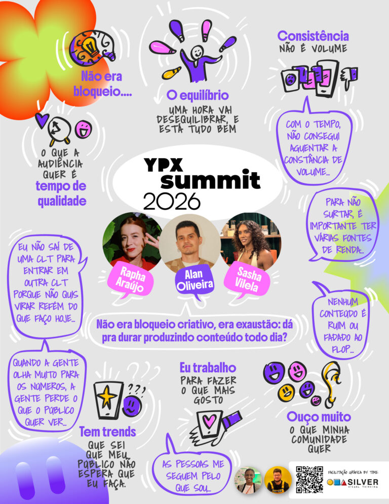 Registro visual sobre criatividade, consistência e produção de conteúdo para a Creator Economy no YOUPIX Summit 2026.