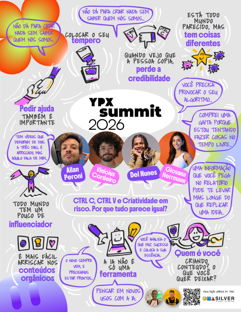 Registro visual sobre inteligência artificial, criatividade e autenticidade na produção de conteúdo digital no YOUPIX Summit 2026.