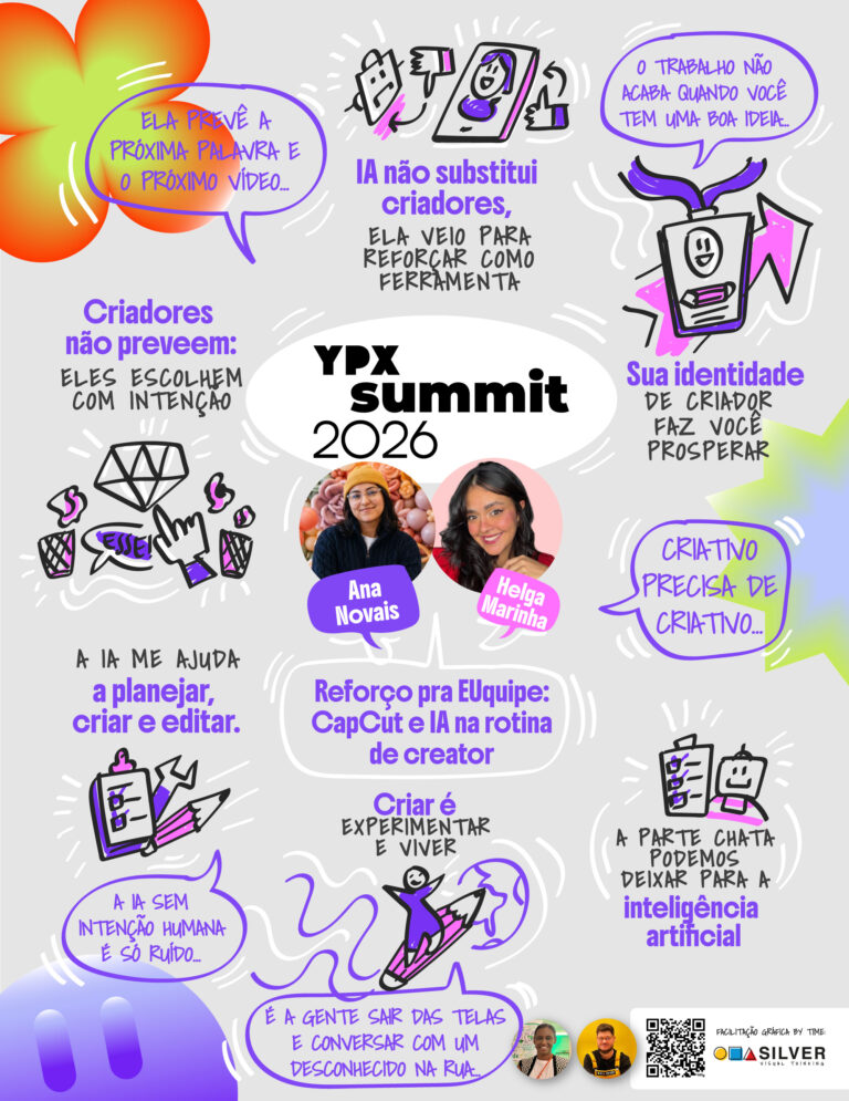 Registro gráfico sobre posicionamento, autenticidade e identidade dos criadores de conteúdo no YOUPIX Summit 2026.