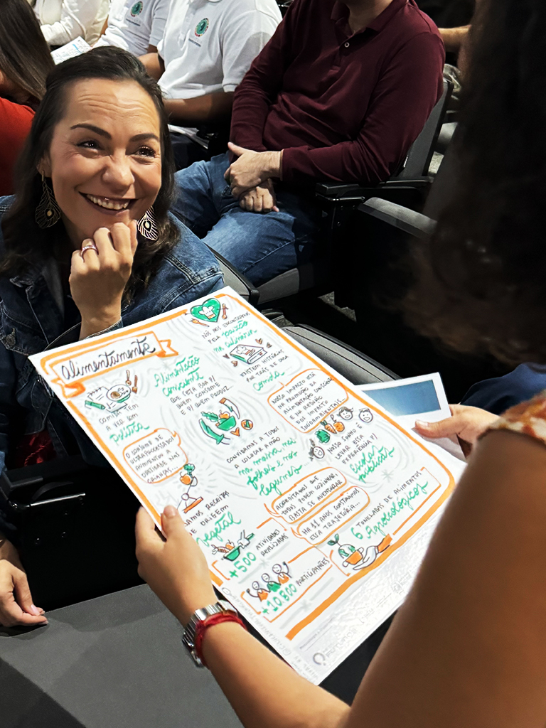 Empreendedora sorridente na plateia a segurar a prancha de facilitação gráfica com detalhes em laranja e verde do projeto Alimentamente.