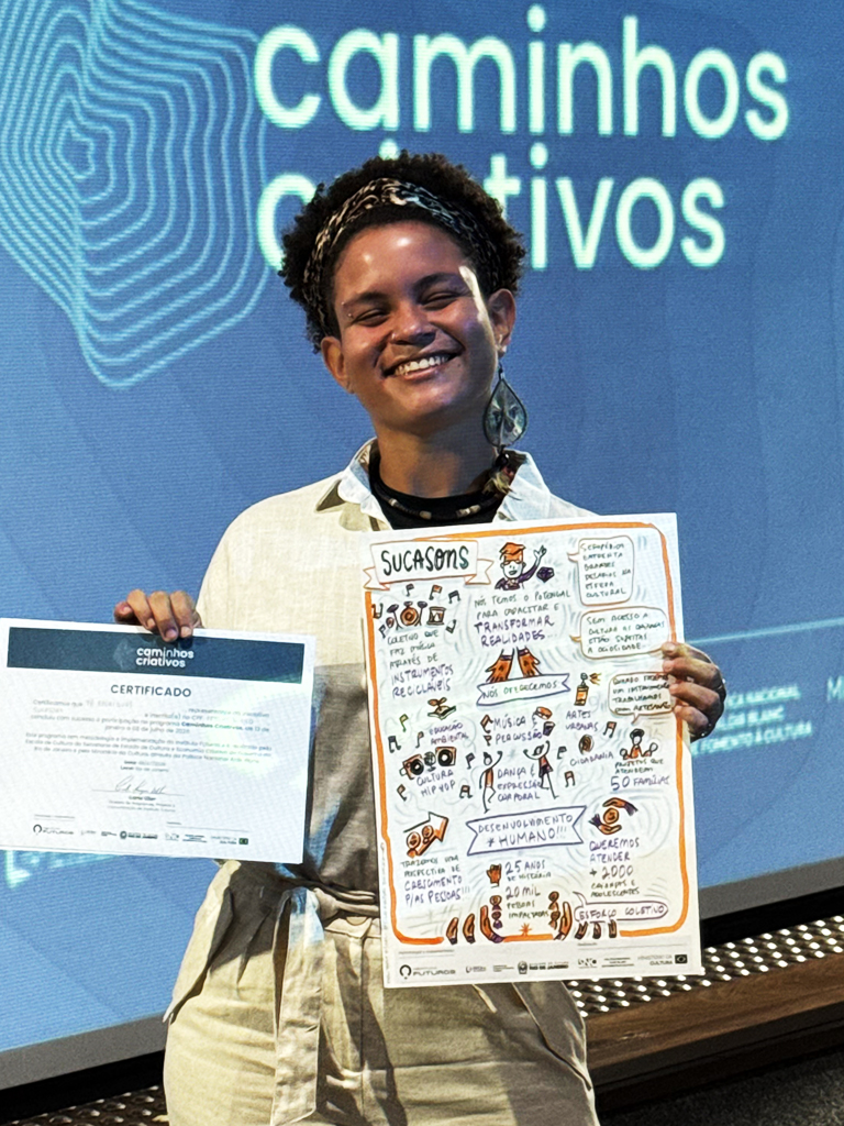 Empreendedora a segurar com orgulho o certificado do programa Caminhos Criativos e a prancha de facilitação gráfica do coletivo Sucasons.