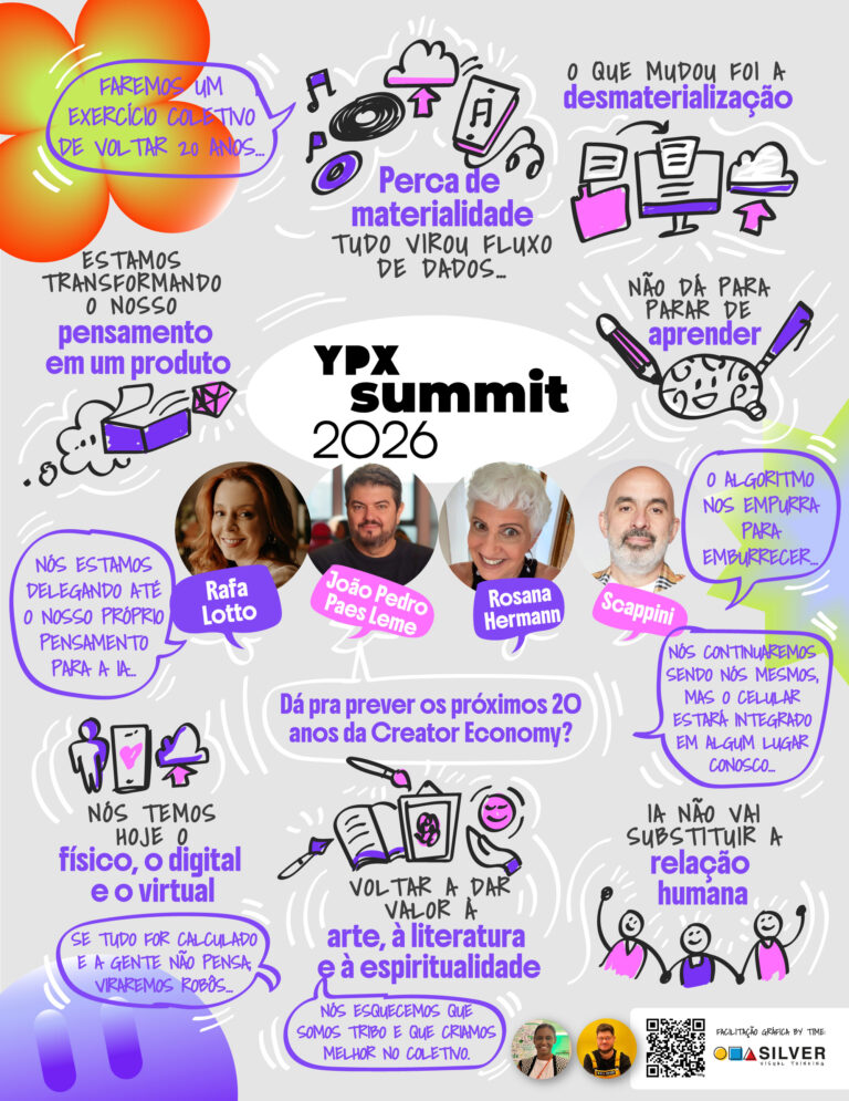 Registro visual sobre escuta ativa, comunidades e conexões humanas na Creator Economy durante o YOUPIX Summit 2026.