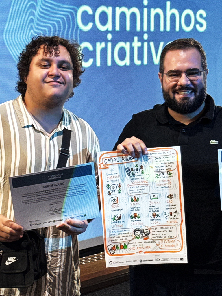 Dois fundadores a segurar o certificado de participação e o painel de facilitação gráfica em tons laranja do Canal Averá.